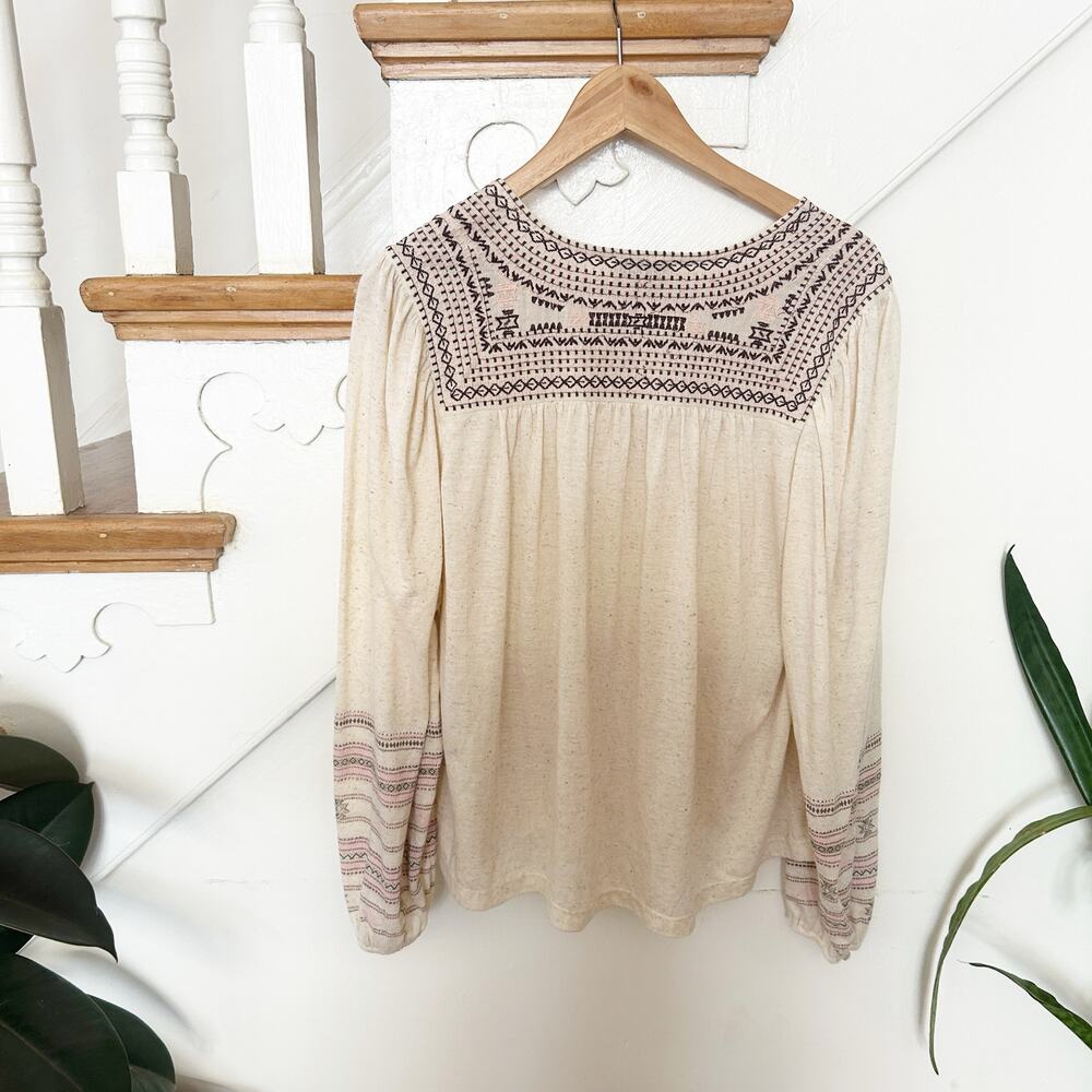 Lucky Brand Embroidered Boho Peasant Blouse Beige Pink Long Sleeve Size S - Picture 6 of 6